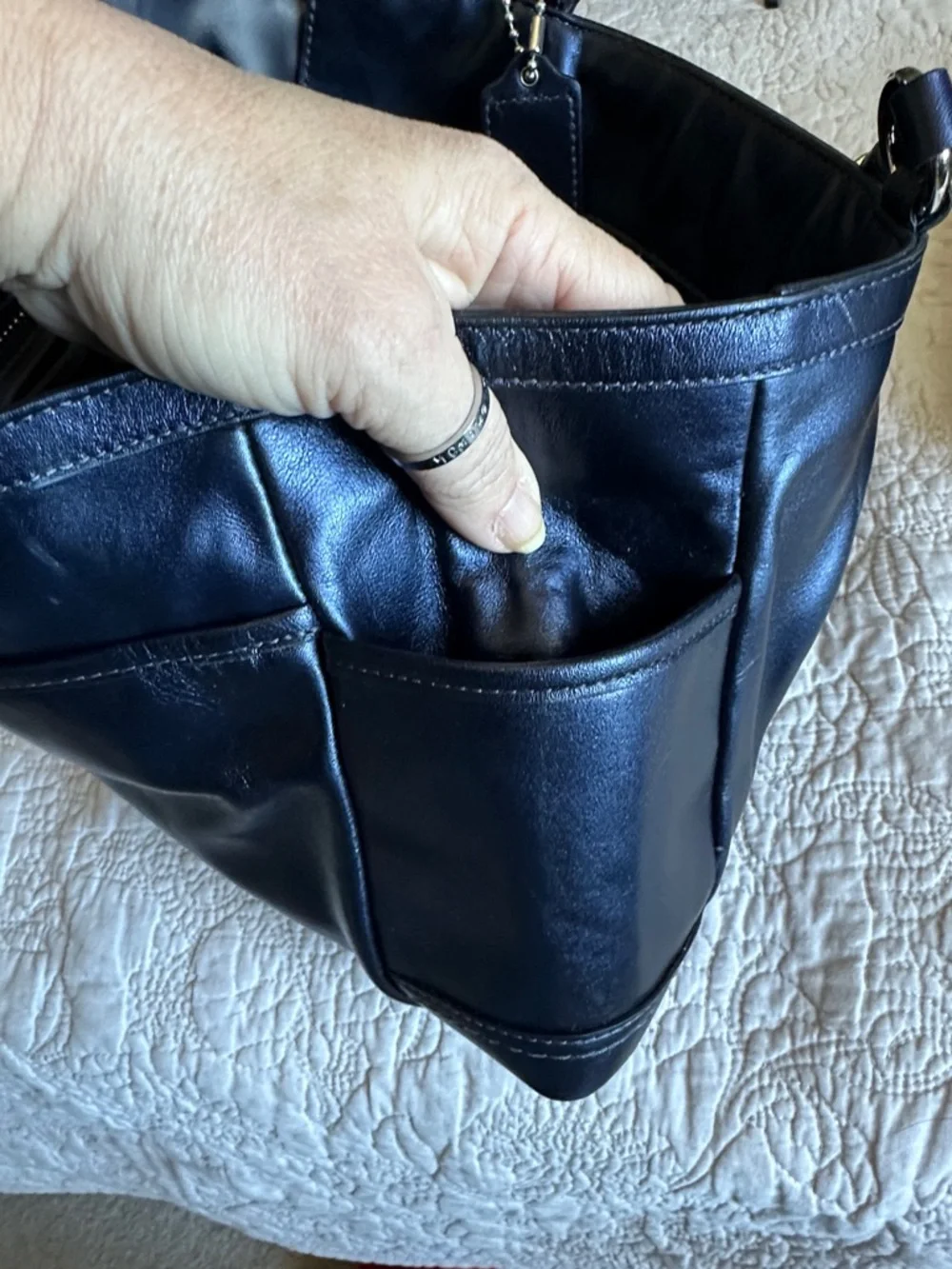 Coach Navy Blue Leather Double-Handle Shoulder Bag - Picture 7 of 8